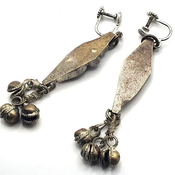 Vintage Twist Back Afghani Belly Dance Silver Earrings Blue Cabochons Bells 3in - Picture 2 of 2